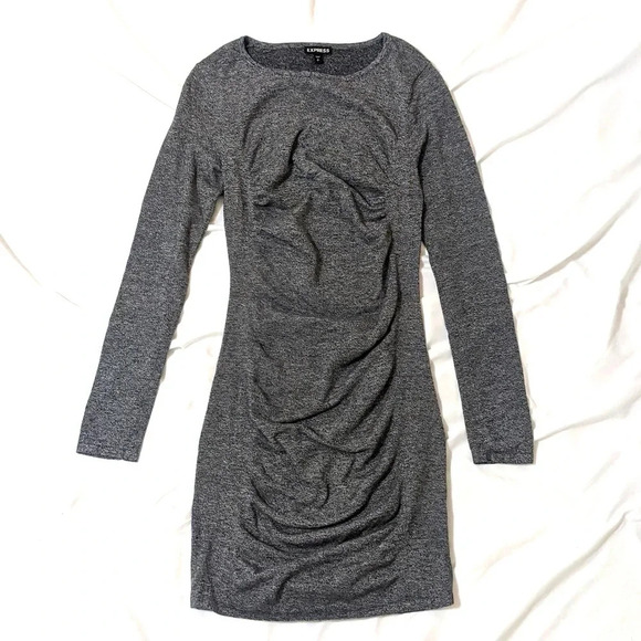 Express Long Sleeve Ruched Bodycon Dress, Color Gray Size  S/P - Picture 1 of 12